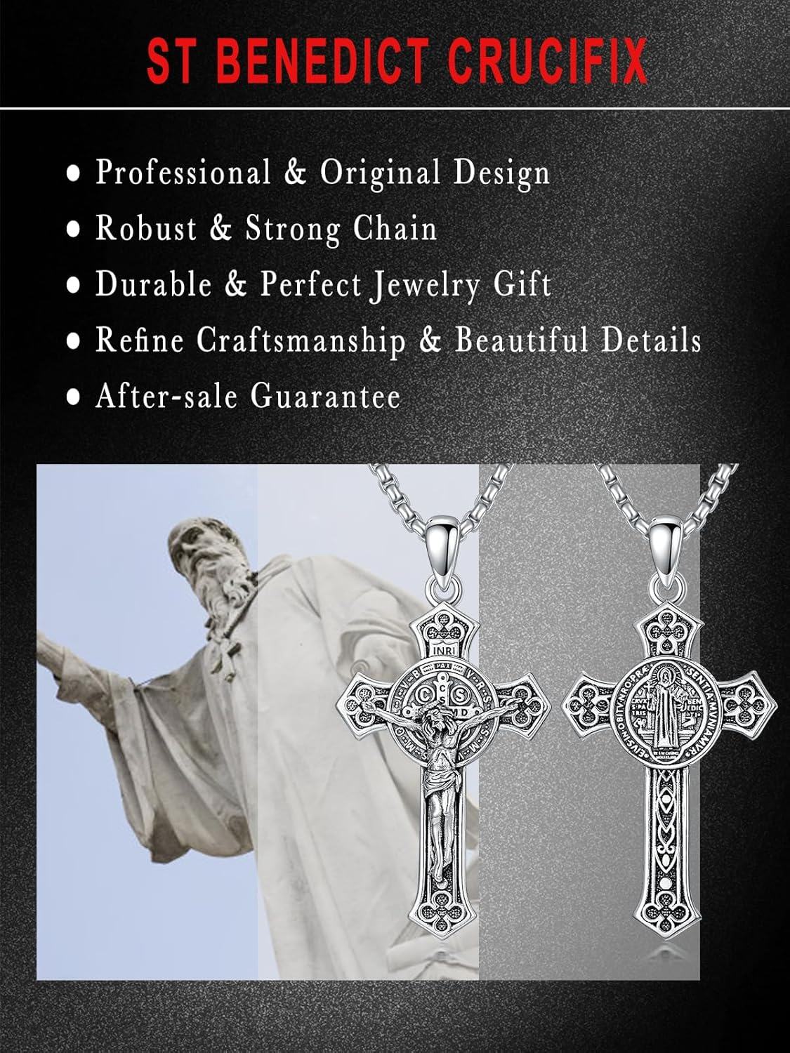 wholesale 925 Sterling Silver Cross Pendant Necklace with Stainless Steel Chain for Men & Women - Protection Amulet Religious Jewelry with 24+2mm Rolo Chain (Gift Included)-0-2