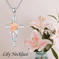 wholesale 925 Sterling Silver Floral Cross Pendant Necklace with Pink Carnation and White Lily Birthstone Charm for Women-0-5