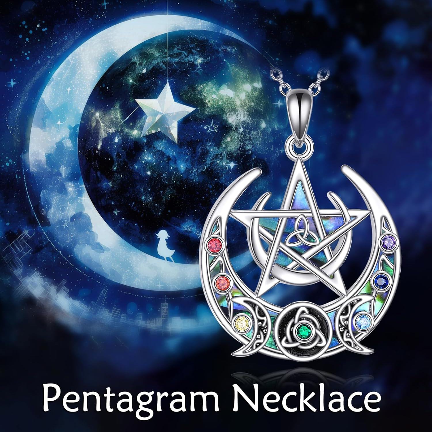 925 Sterling Silver Rainbow Moonstone Celtic Knot Pentagram Pendant Necklace for Women Girls-0-5