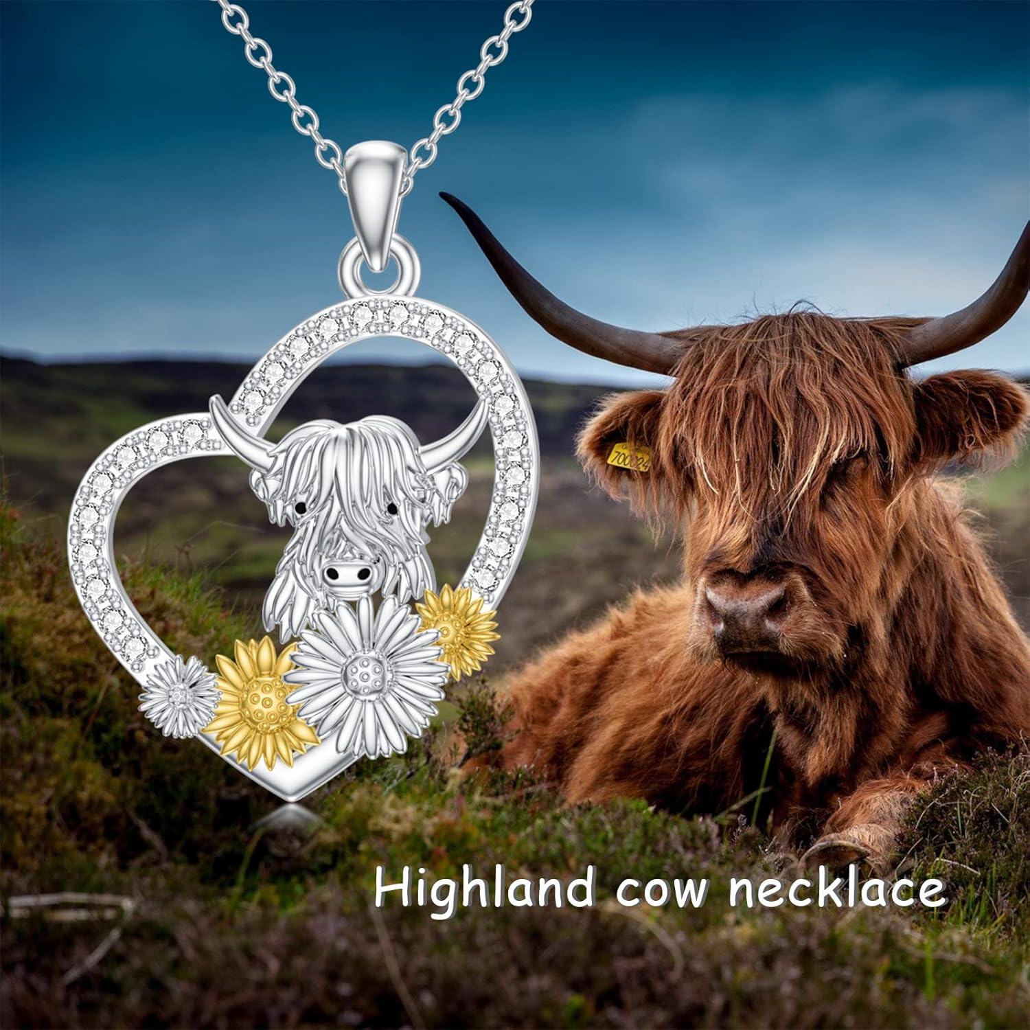 925 Sterling Silver Heart-Shaped Highland Cow Pendant Necklace with Sunflowers and Daisy Flowers s for Women-0-4