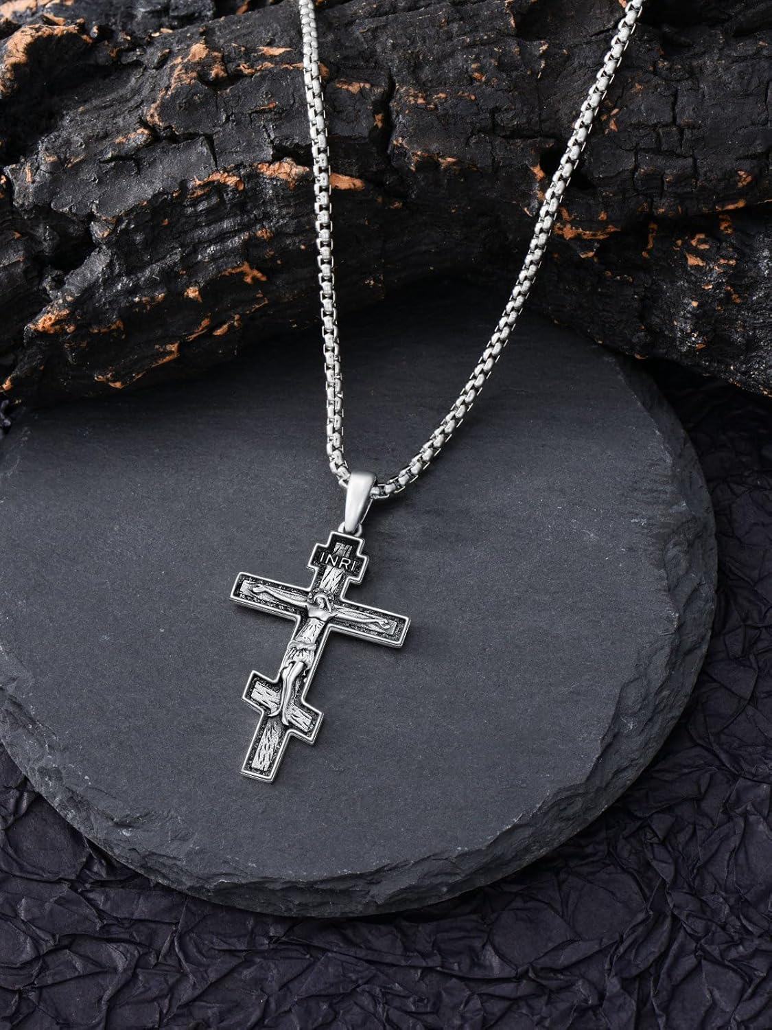 wholesale 925 Sterling Silver Crucifix Cross Pendant Necklace with Stainless Steel Chain for Men & Women - Religious  Set w/ 24 Stainless Steel Chain and Box Packaging-0-3
