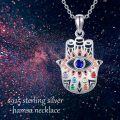wholesale 925 Sterling Silver Evil Eye Hamsa Hand Pendant Necklace with Multi-Colored Stones and Chain for Women Girls  48cm Length-0-1