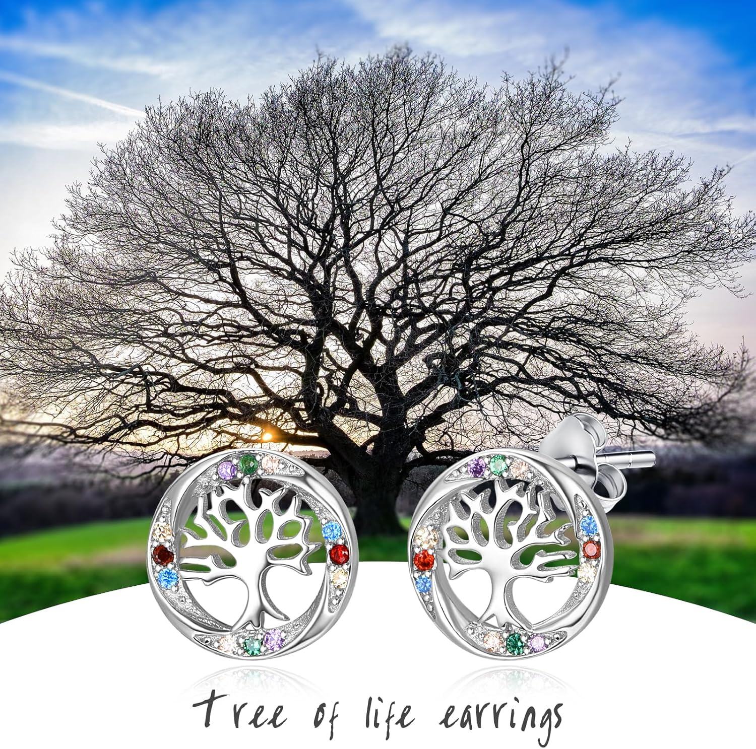 Sterling Silver Tree of Life Stud Earrings Round Birthstone Jewelry Gifts-0-2