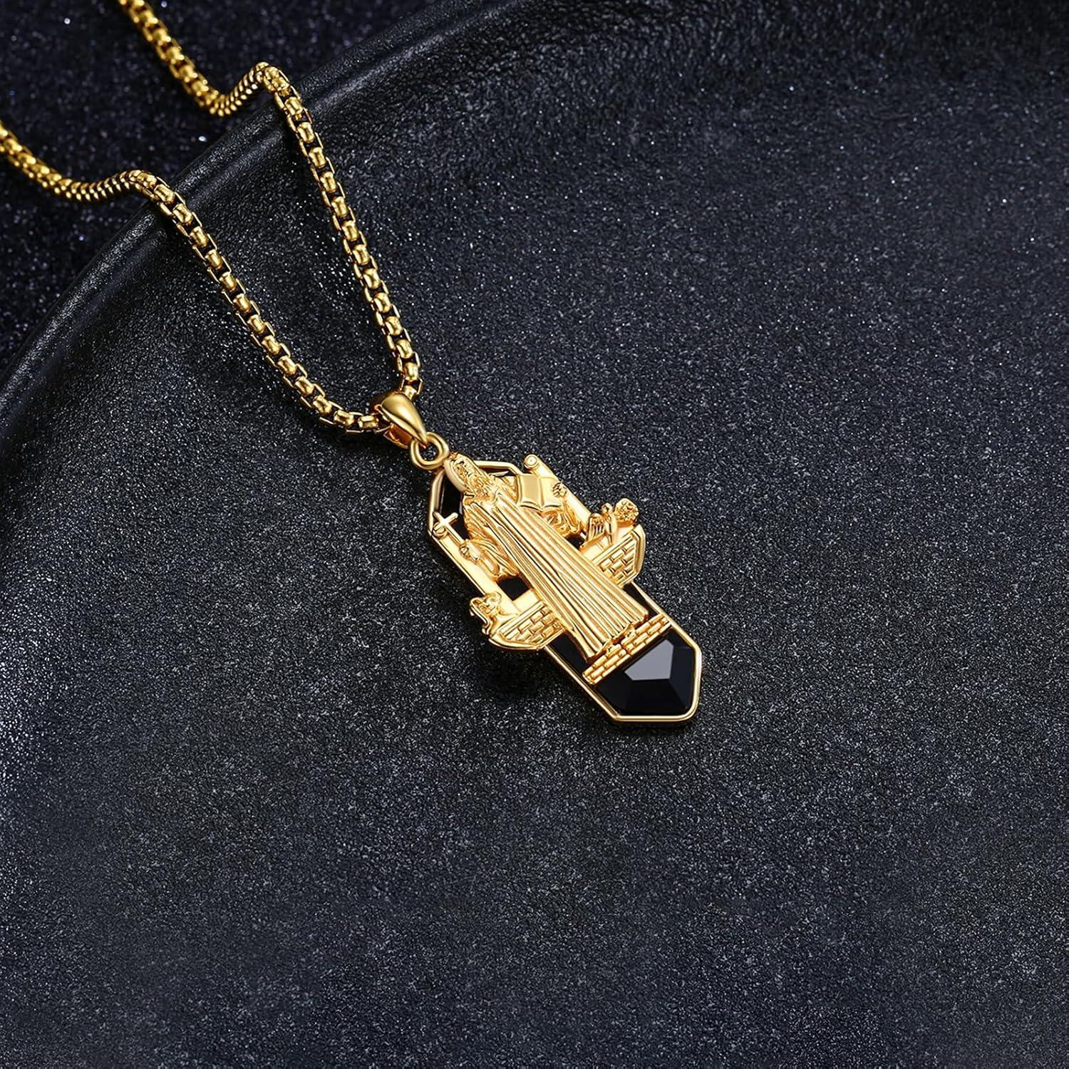 wholesale Gold Plated 925 Sterling Silver Saint Benedict Medal Necklace with Onyx Stone and Engraved Prayer for Men Women Catholic Gifts-0-2