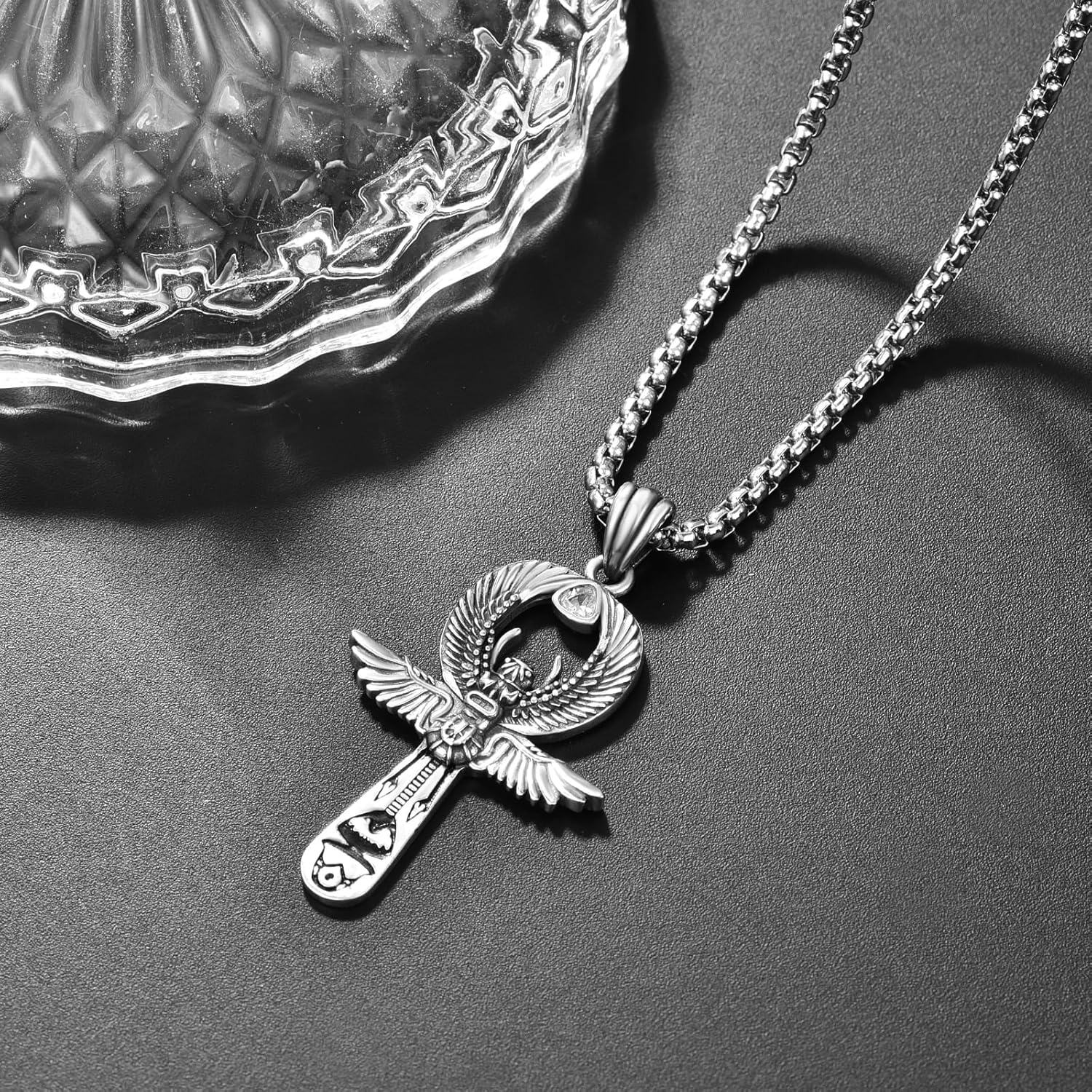 wholesale 925 Sterling Silver Egyptian Scarab Ankh Cross Pendant with Cubic Zirconia and 3mm Box Chain - Mens  Set (Silver)-0-1