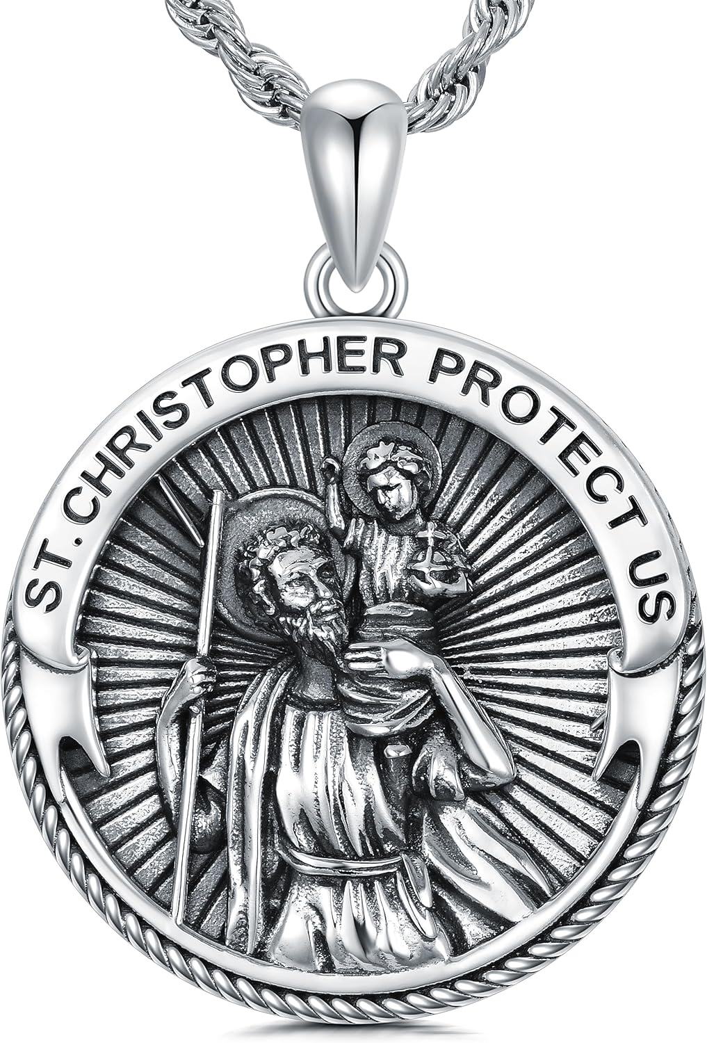 Sterling Silver Oval St Michael St Christopher Medal Archangel Cross Necklace w 22 +2 Chain-B02-St Christopher