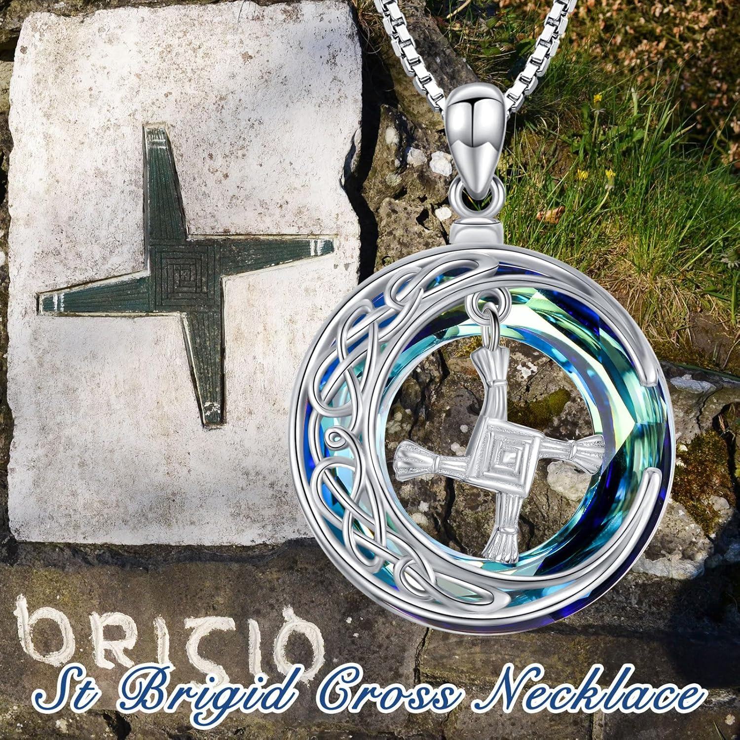 wholesale 925 Sterling Silver Celtic Knot & St Bridget's Cross Pendant Necklace with Blue Crystal Stone - Irish  for Her Him-0-4