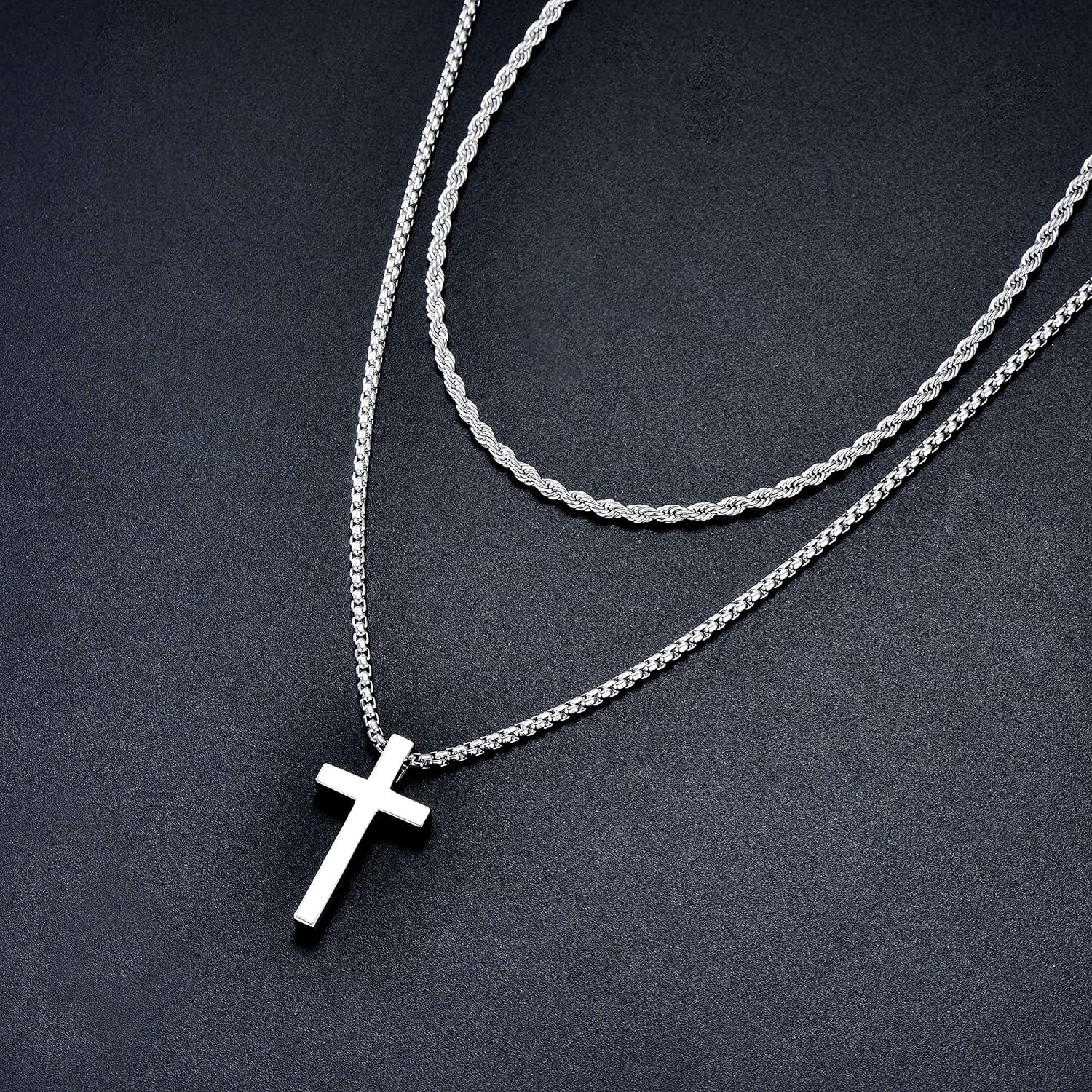 wholesale 925 Sterling Silver Layered Cross Pendant on Cuban Chain Necklaces for Men-0-2