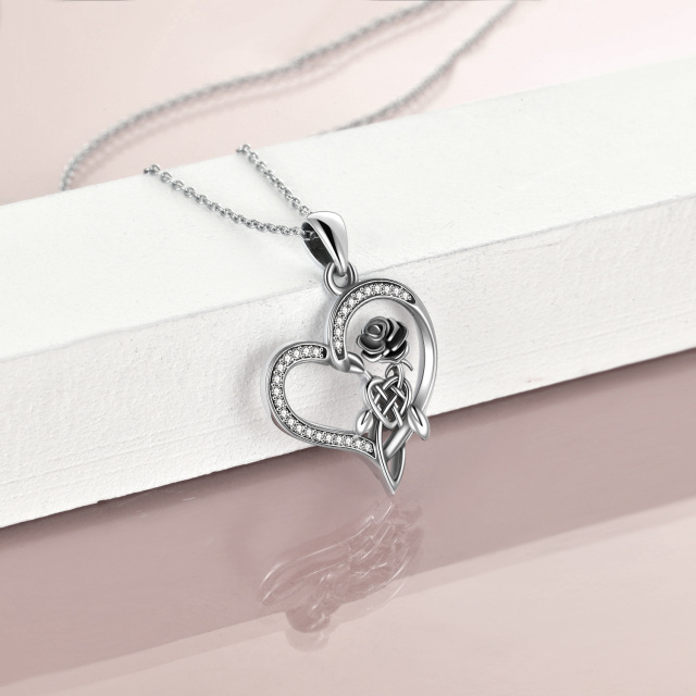 Sterling Silver Cubic Zirconia Rose & Celtic Knot & Heart Pendant Necklace-3