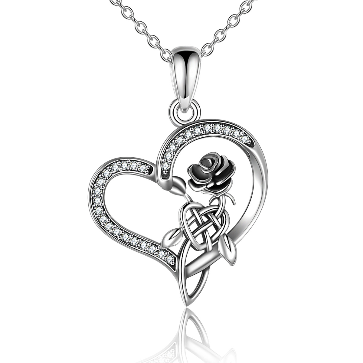 Sterling Silver Cubic Zirconia Rose & Celtic Knot & Heart Pendant Necklace-1