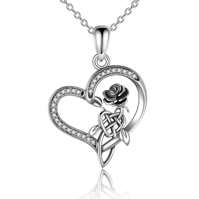 Sterling Silver Cubic Zirconia Rose & Celtic Knot & Heart Pendant Necklace-0