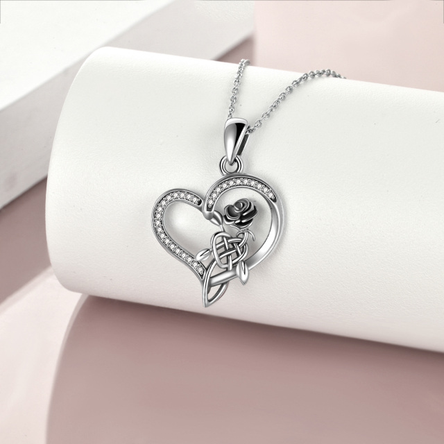 Sterling Silver Cubic Zirconia Rose & Celtic Knot & Heart Pendant Necklace-2