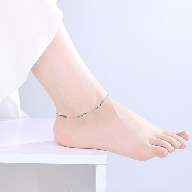 Sterling Silver With White Gold Plated Bead Single Layer Anklet-4