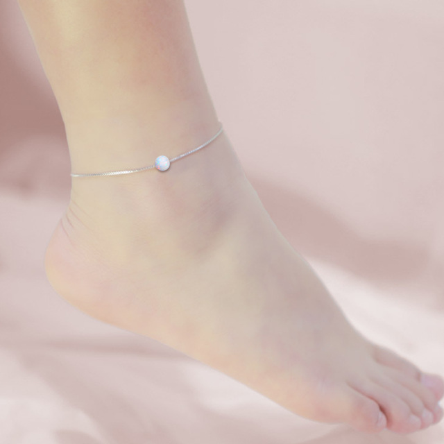 Opal 925 Sterling Silver Single Layered Charm Anklet Birthday Jewelry Gift for Women-3