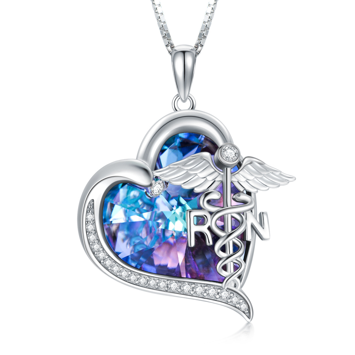 Sterling Silver Caduceus & Heart Crystal Pendant Necklace-1