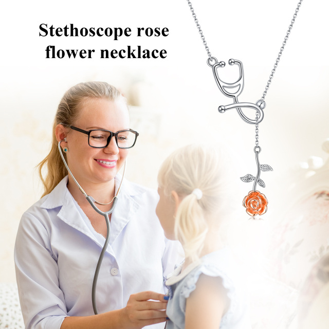 Sterling Silver Two-tone Rose & Stethoscope Non-adjustable Y-Necklace-5