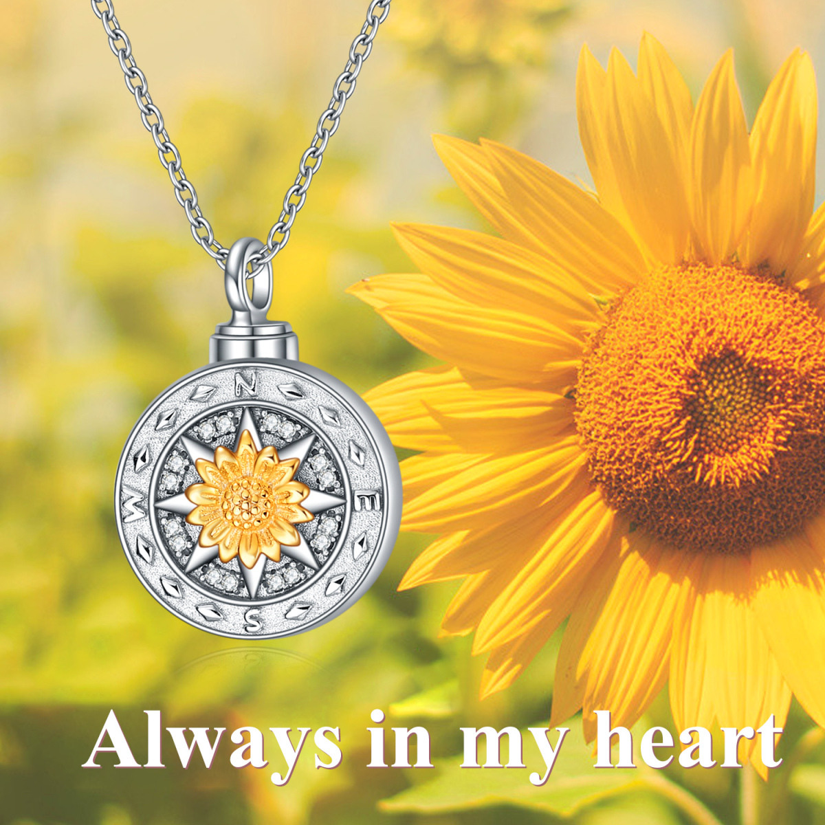 Sterling Silver Two-tone Cubic Zirconia Sunflower Urn Necklace for Ashes-7