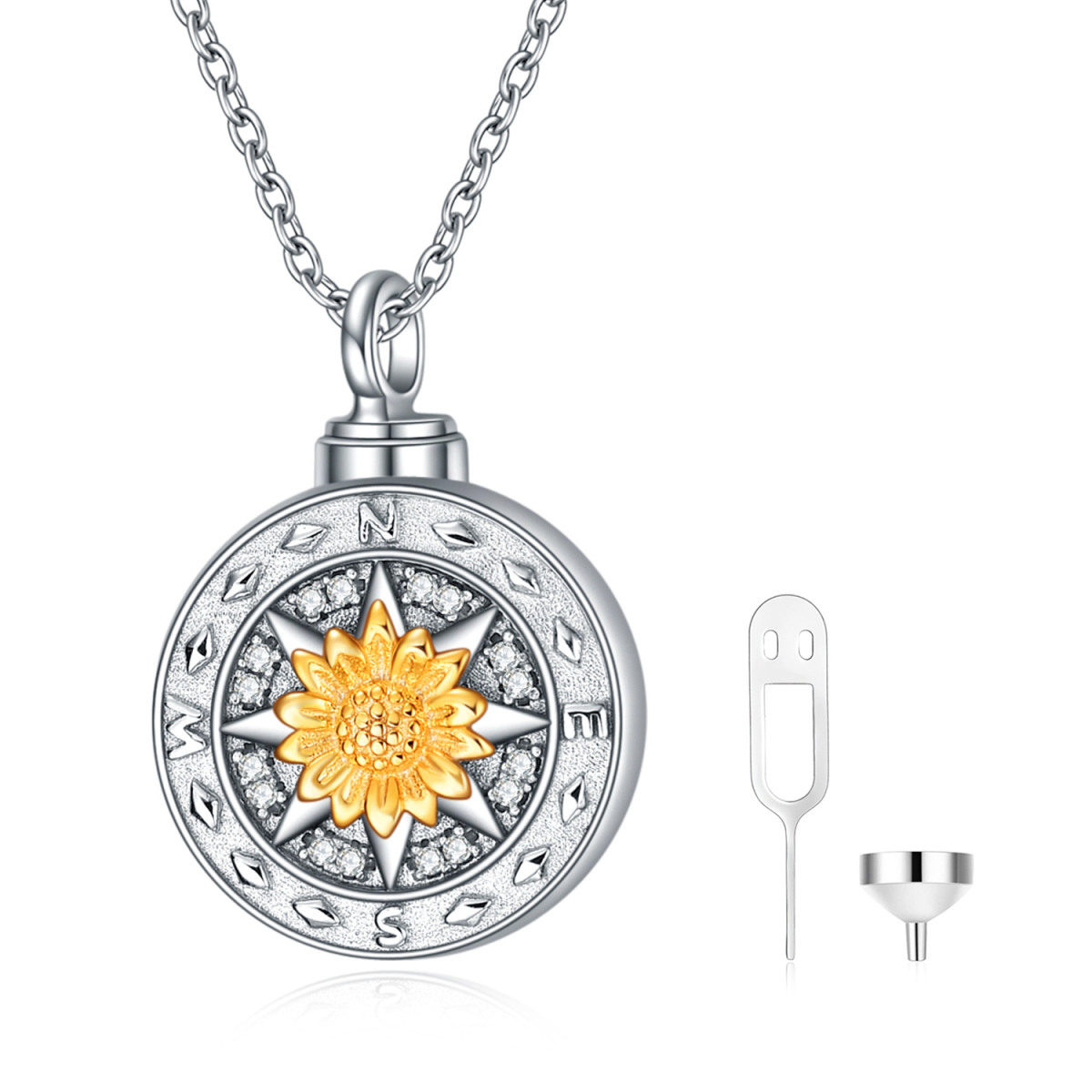 Sterling Silver Two-tone Cubic Zirconia Sunflower Urn Necklace for Ashes-1