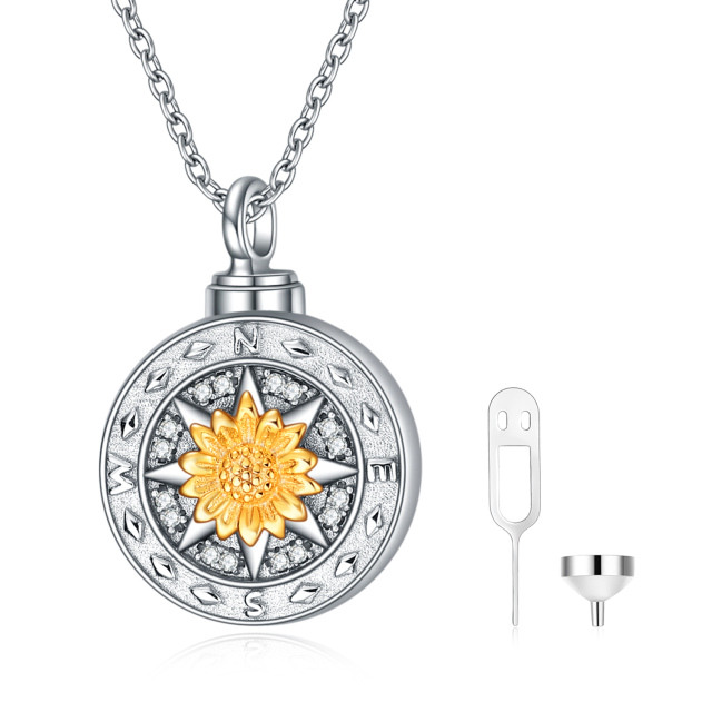 Sterling Silver Two-tone Cubic Zirconia Sunflower Urn Necklace for Ashes-0