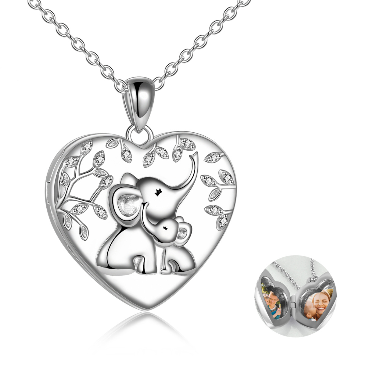 Sterling Silver Elephant & Tree Of Life Heart Personalized Photo Locket Necklace with Engraved Word-1