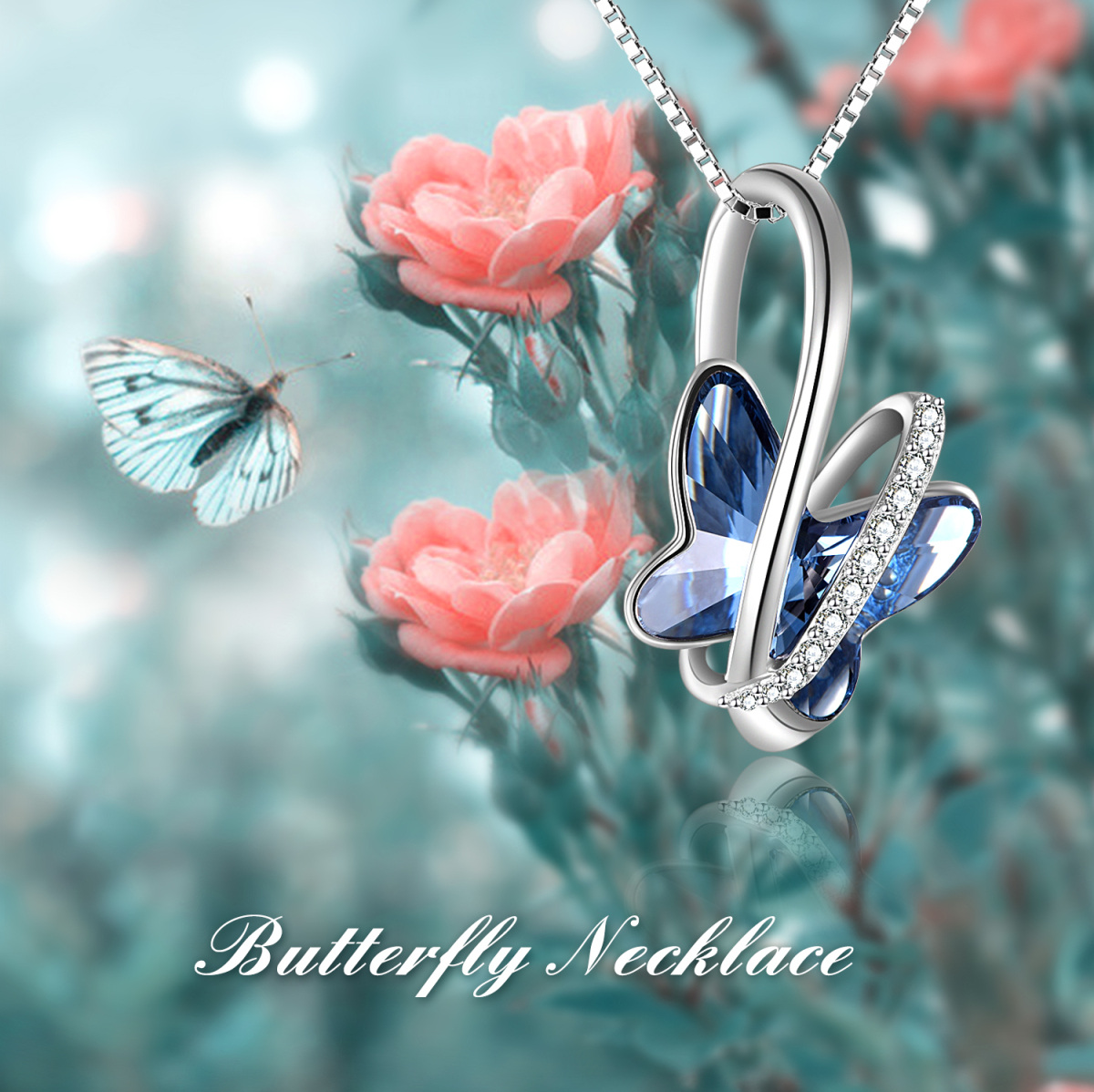 Sterling Silver Butterfly Crystal Pendant Necklace with Box Chain-6