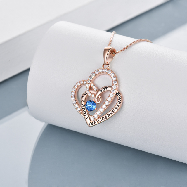 Sterling Silver with Rose Gold Plated Circular Shaped Cubic Zirconia Heart With Heart Pendant Necklace with Engraved Word-3