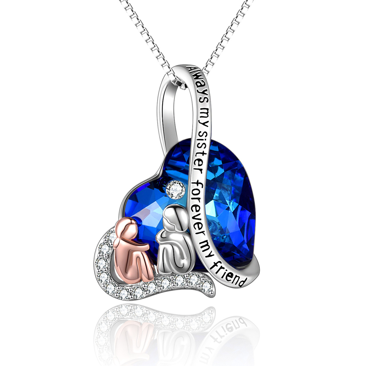 Sterling Silver Heart Sisters & Heart Crystal Pendant Necklace with Engraved Word-1