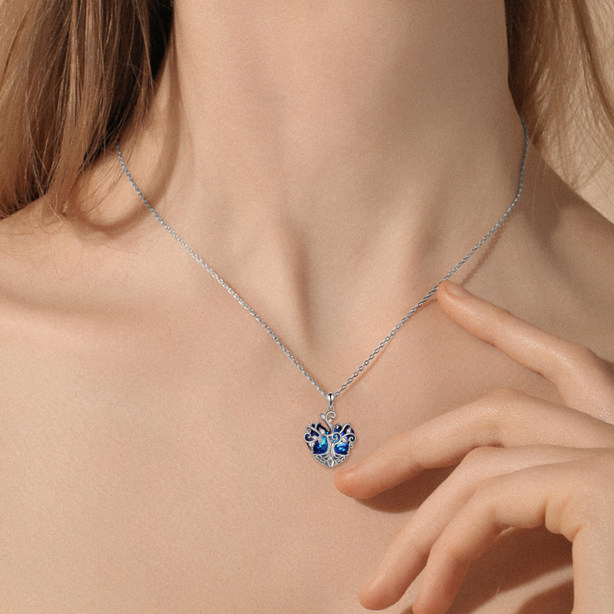 Collar con colgante de cristal de árbol de la vida en forma de corazón de plata de ley-2