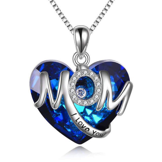 Sterling Silver Heart Shaped Mother & Heart Crystal Pendant Necklace with Engraved Word-0