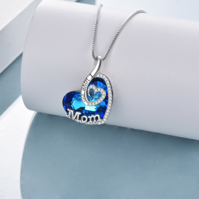 Sterling Silver Heart Shaped Blue Crystal Pendant Necklace Engraved Mom I Love You-3