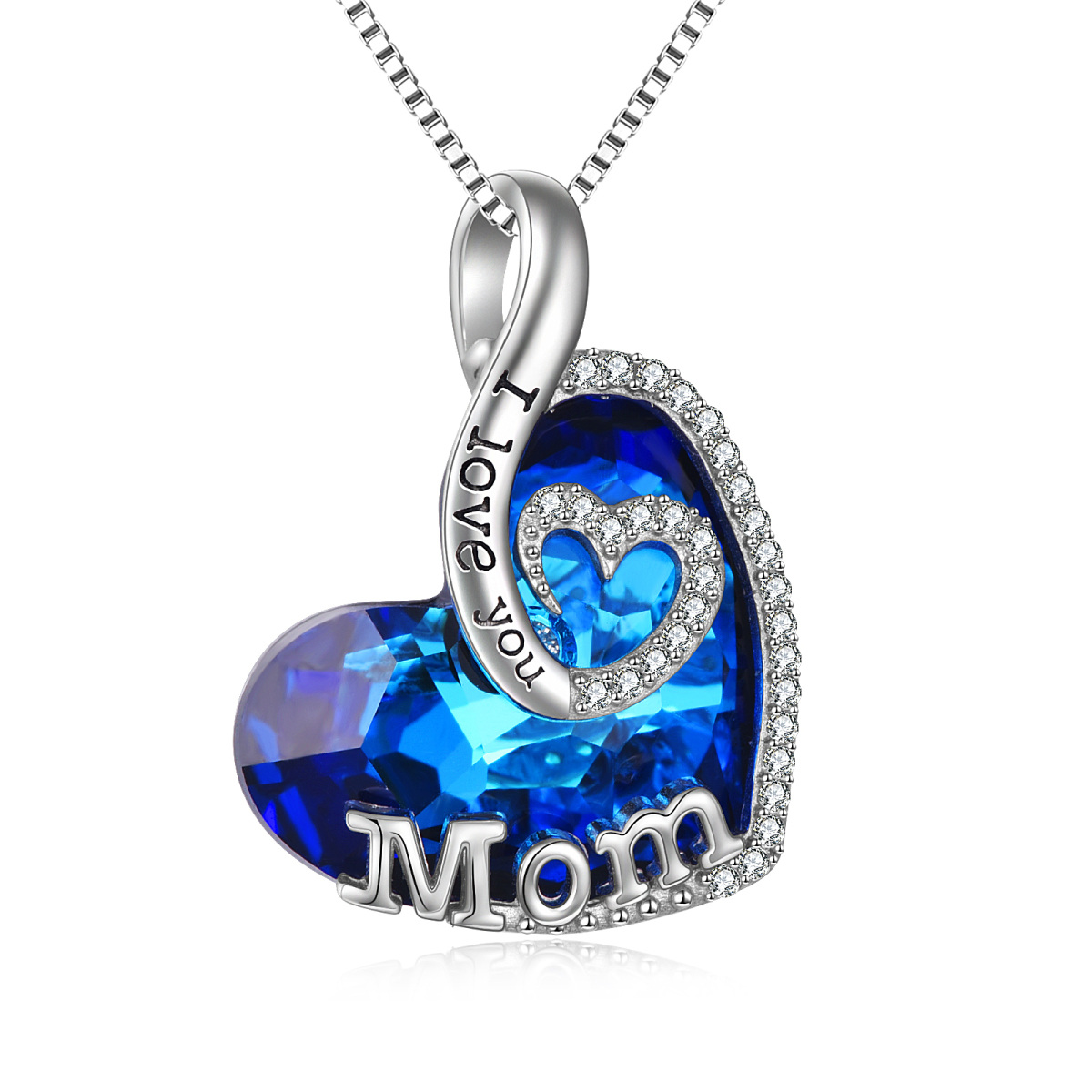 Sterling Silver Heart Shaped Blue Crystal Pendant Necklace Engraved Mom I Love You-1