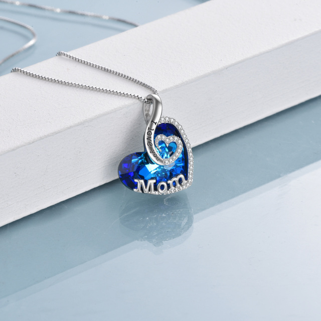 Sterling Silver Heart Shaped Blue Crystal Pendant Necklace Engraved Mom I Love You-4