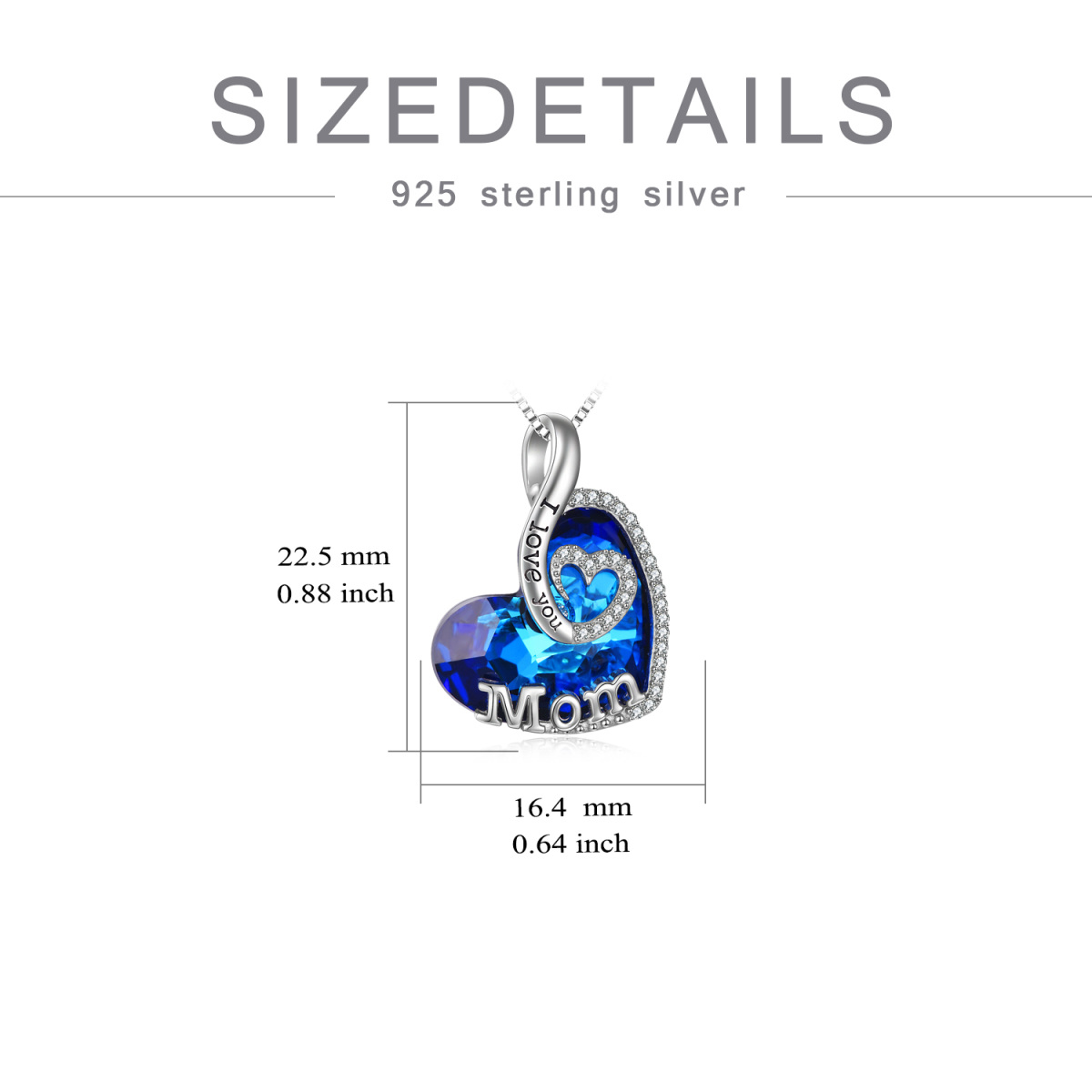 Sterling Silver Heart Shaped Blue Crystal Pendant Necklace Engraved Mom I Love You-6