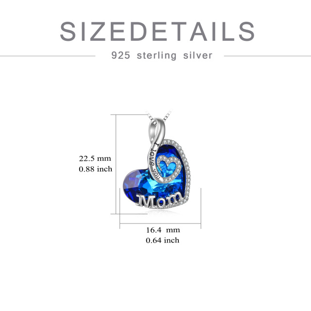 Sterling Silver Heart Shaped Blue Crystal Pendant Necklace Engraved Mom I Love You-5