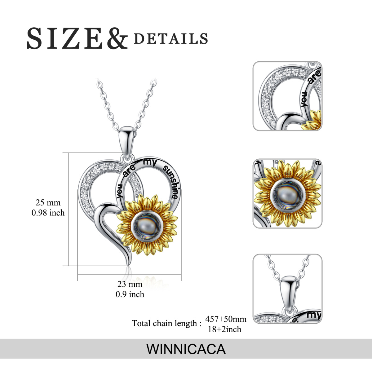 Sterling Silver Two-tone Cubic Zirconia & Projection Stone & Personalized Projection Sunflower Pendant Necklace with Engraved Word-5