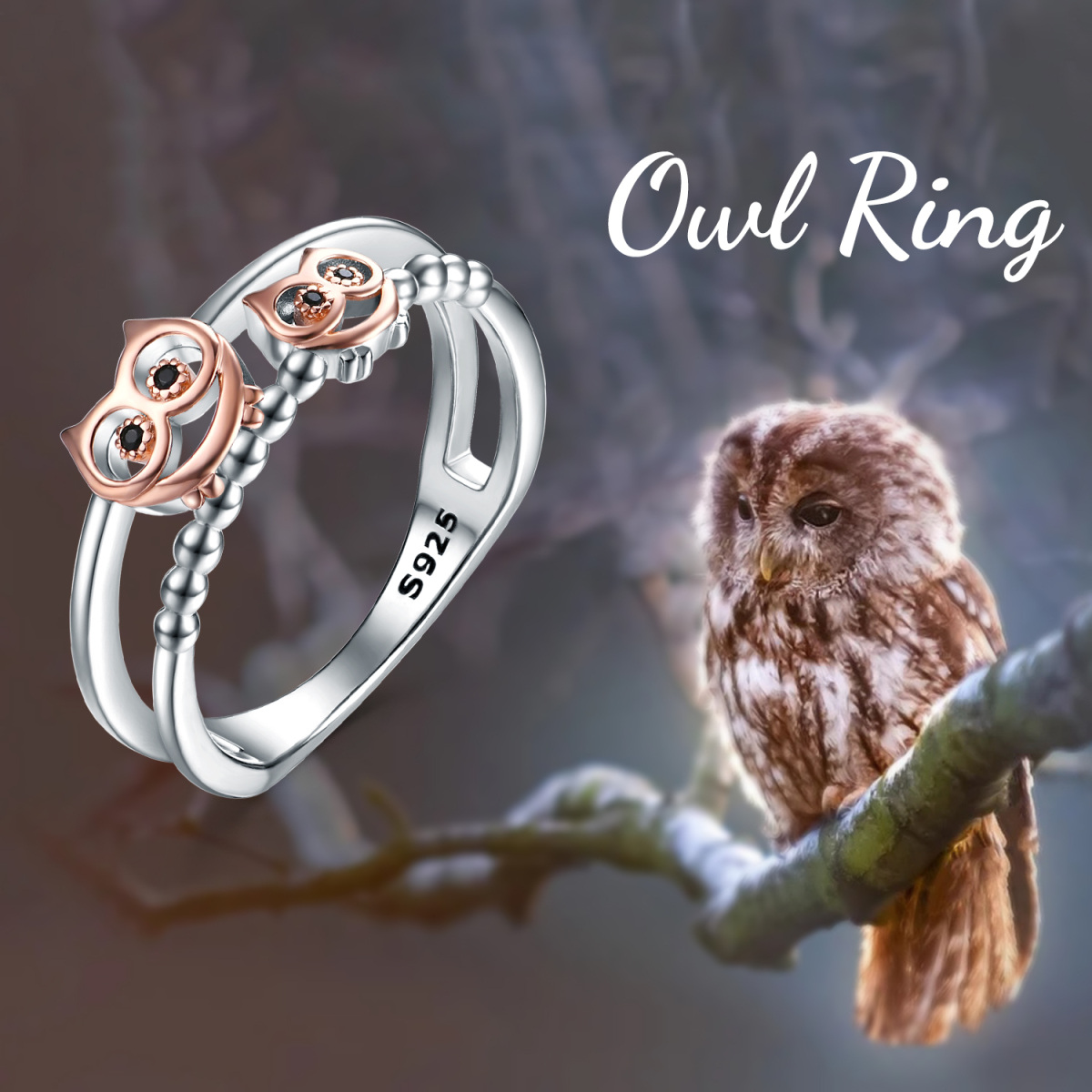 Bague hibou en argent sterling bicolore-6