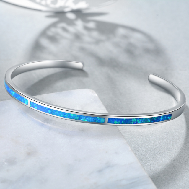 Sterling Silver Opal Heart Plain Bangle with Engraved Word-2