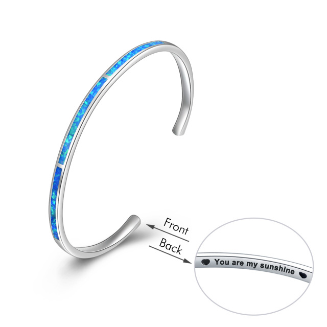 Sterling Silver Opal Heart Plain Bangle with Engraved Word-4