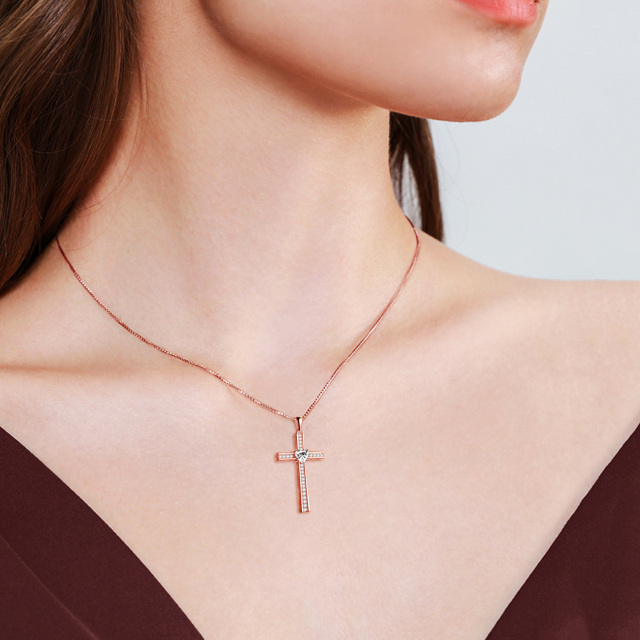 Sterling Silver with Rose Gold Plated Cubic Zirconia Cross Pendant Necklace-1