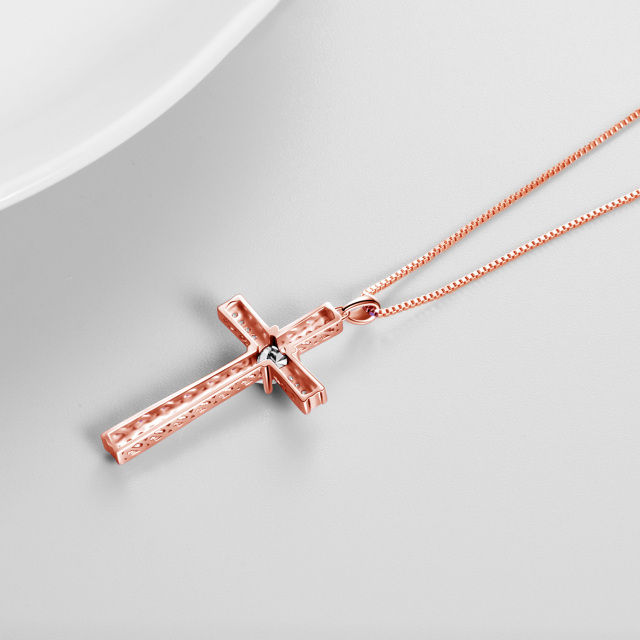 Sterling Silver with Rose Gold Plated Cubic Zirconia Cross Pendant Necklace-3