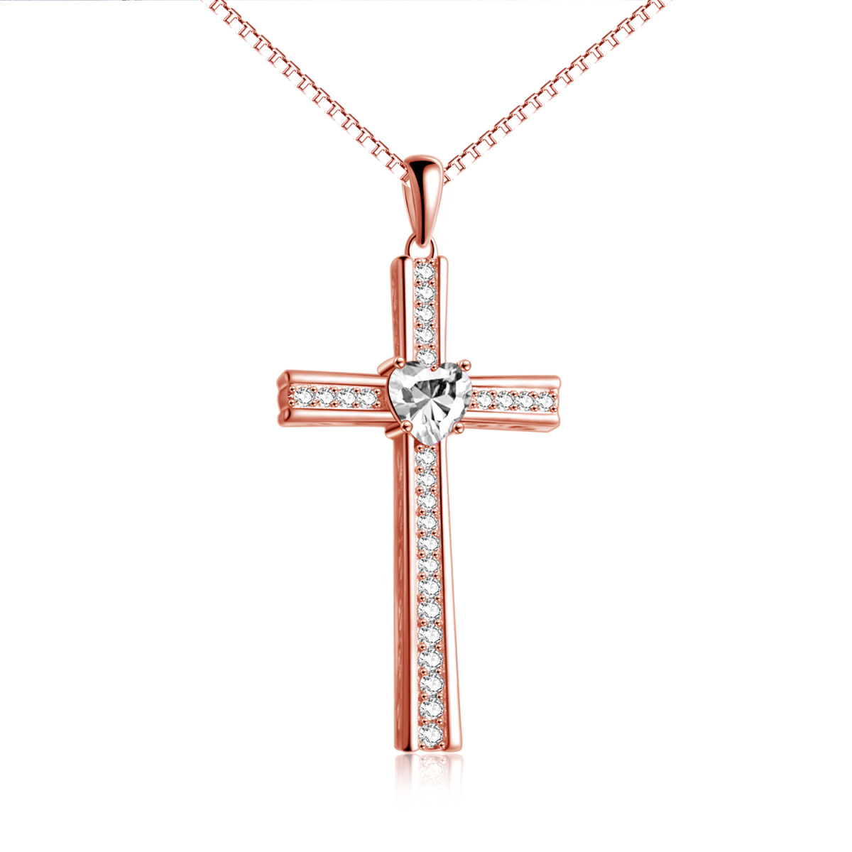 Sterling Silver with Rose Gold Plated Cubic Zirconia Cross Pendant Necklace-1