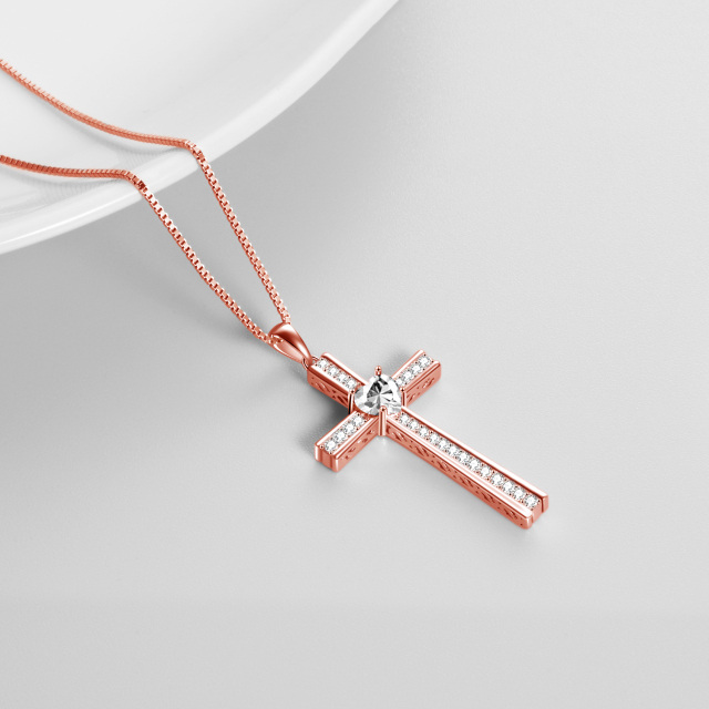 Sterling Silver with Rose Gold Plated Cubic Zirconia Cross Pendant Necklace-2
