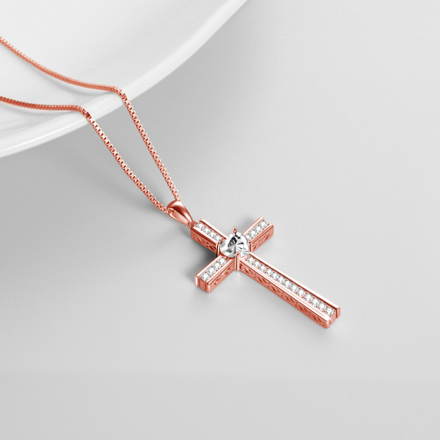 Sterling Silber mit Rose vergoldet Cubic Zirkonia Kreuz Anhänger Halskette-2