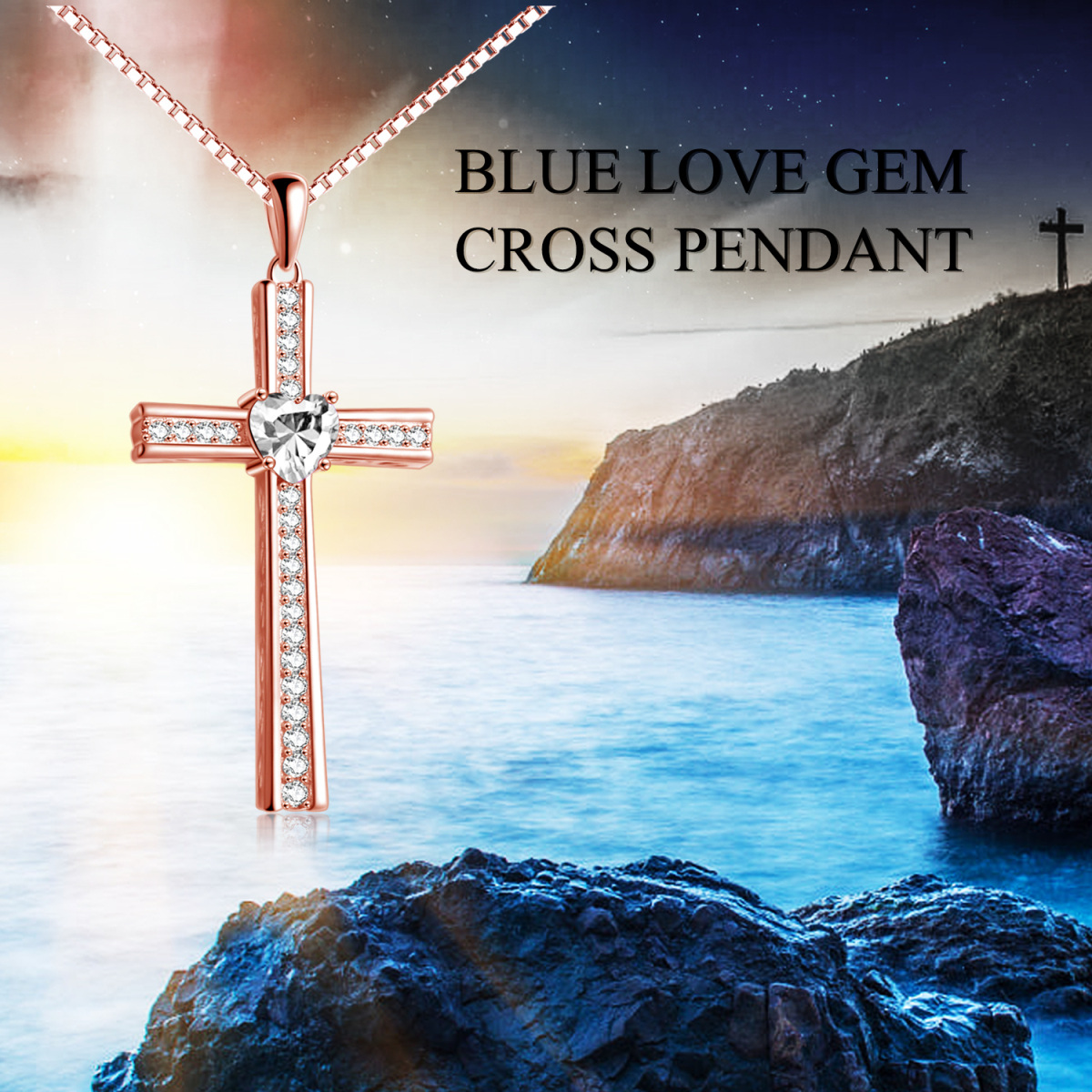 Sterling Silver with Rose Gold Plated Cubic Zirconia Cross Pendant Necklace-6