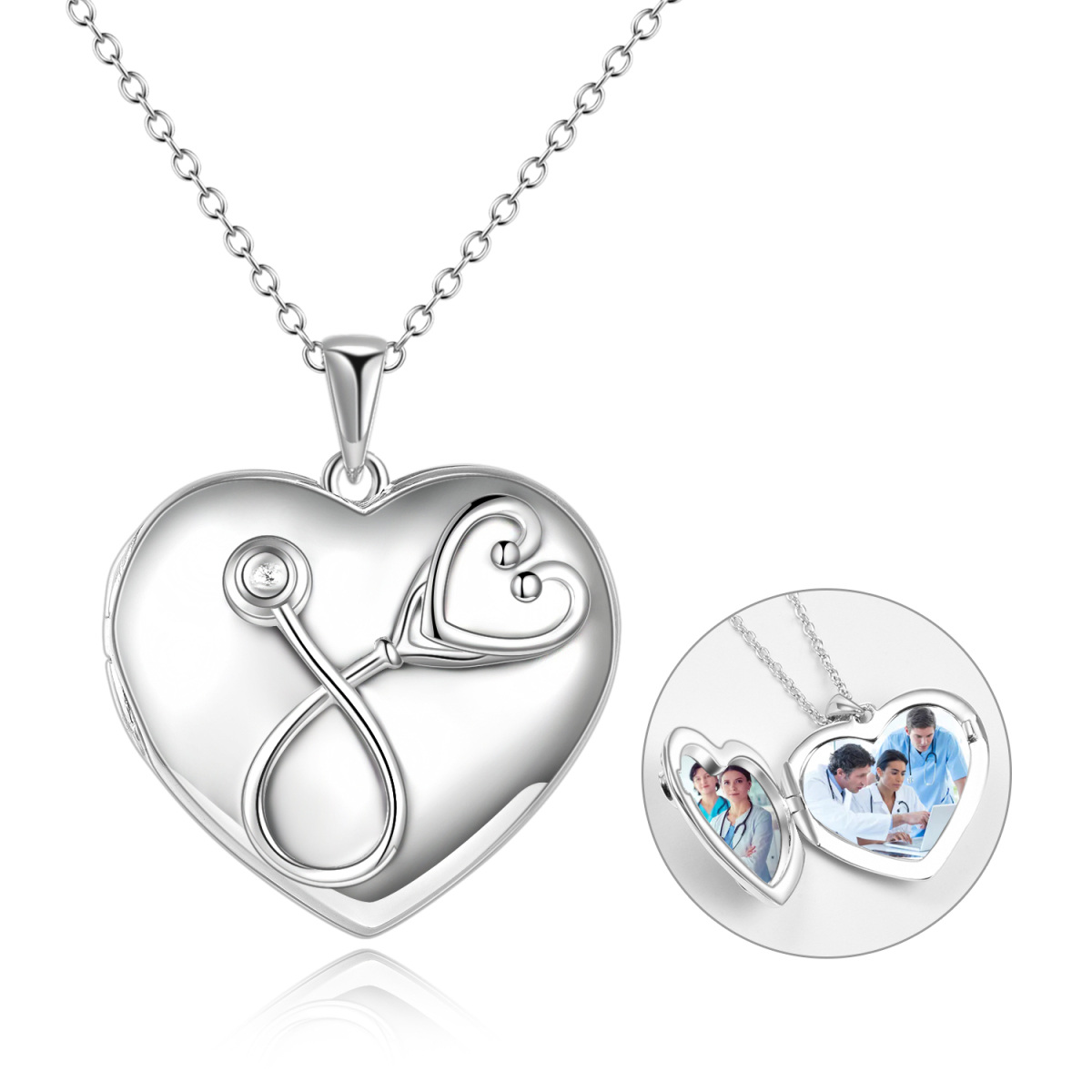 Collar colgante de plata de ley con corazón y estetoscopio y palabra grabada-1