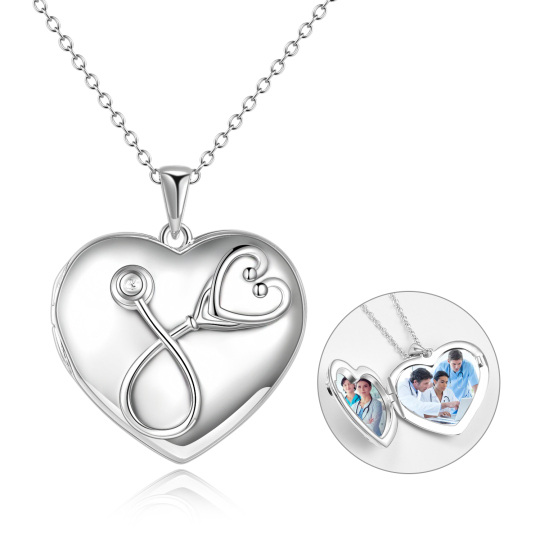 Sterling Silver Heart & Stethoscope Pendant Necklace with Engraved Word
