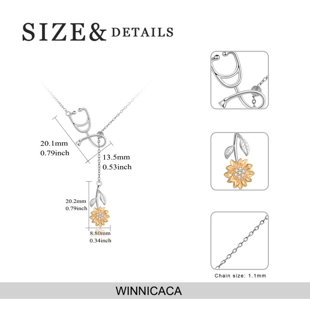 Sterling Silver Two-tone Cubic Zirconia Sunflower & Stethoscope Non-adjustable Y-Necklace-5