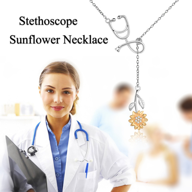 Sterling Silver Two-tone Cubic Zirconia Sunflower & Stethoscope Non-adjustable Y-Necklace-6
