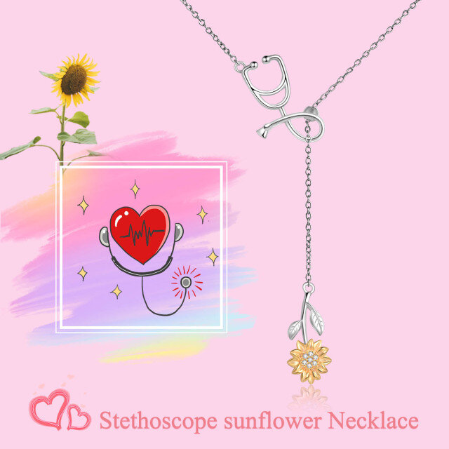 Sterling Silver Two-tone Cubic Zirconia Sunflower & Stethoscope Non-adjustable Y-Necklace-2