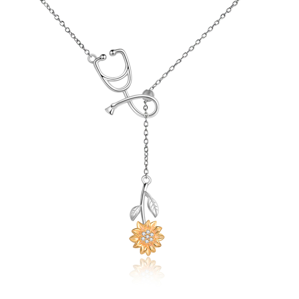 Sterling Silver Two-tone Cubic Zirconia Sunflower & Stethoscope Non-adjustable Y-Necklace-1
